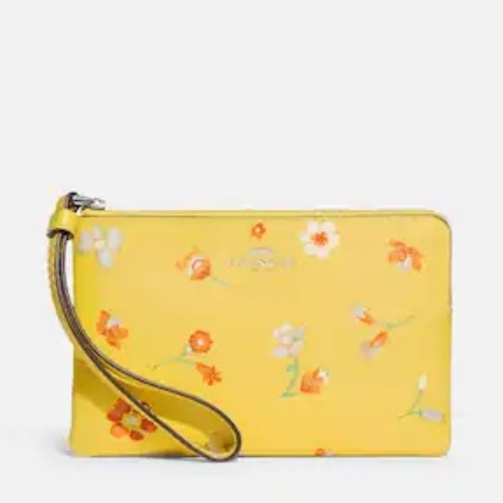Coach Corner Zip Wristlet With Mystical Floral Print Silver/Yellow Multi - Picture 6 of 7